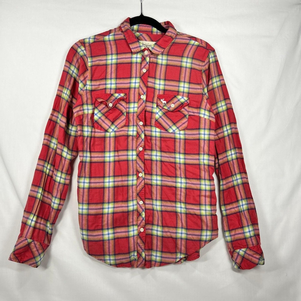 2000s/ Y2K Abercrombie & Fitch Red Plaid Cotton Flannel Button-Down Shirt Size S